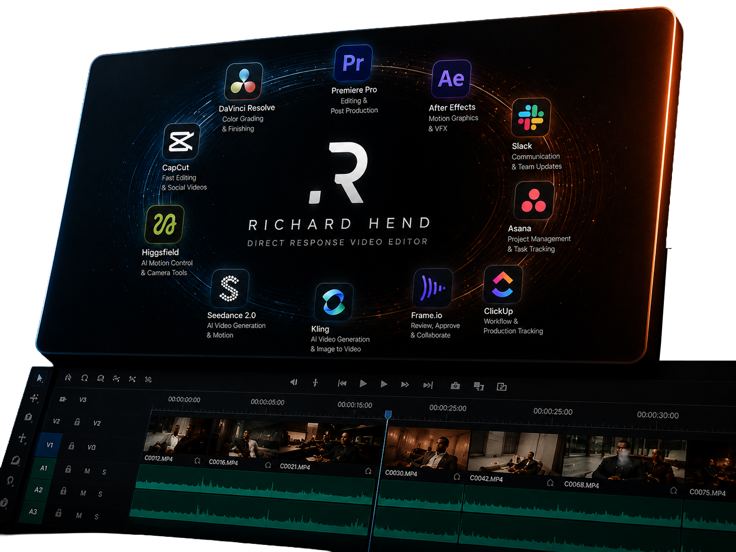 Richard Hend's editing suite — DaVinci Resolve, Premiere Pro, After Effects, CapCut, and AI production tools around a multicam timeline